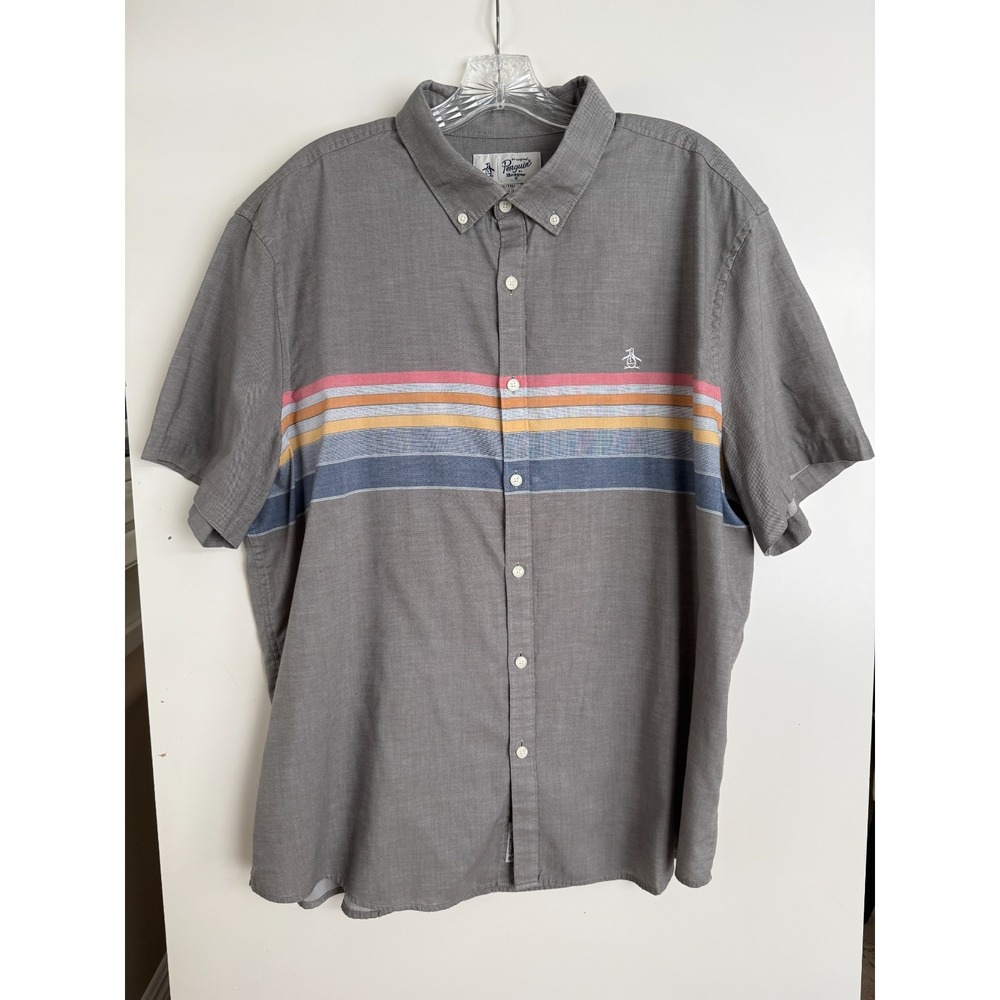 Original Penguin Men's Gray Engineered Stripe Short Sleeve Button Down Shirt XXL